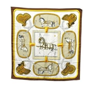 Hermès Paris Vintage Grand Apparat Silk Scarf 90 in Cream and Brown